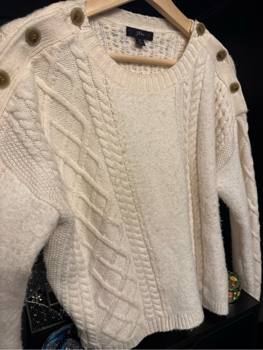 J Crew Classic Cable Knit Wool Oversized Button-Shoulder Sweater in Cream 💟❄️ - Picture 6 of 11